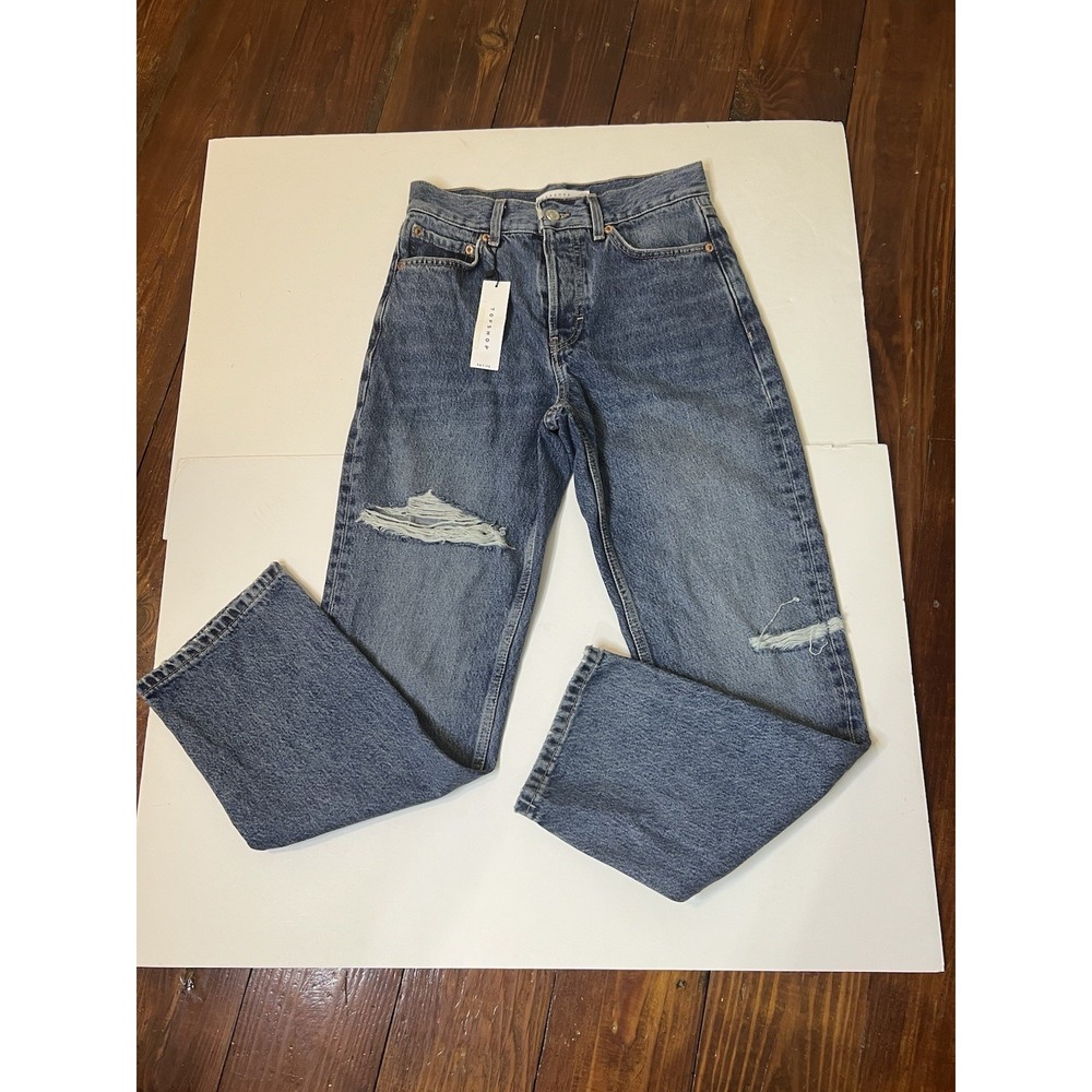 Topshop Jeans Dad Blue Distressed Petite Womens Size 26x28 Loose Fitting NWT‎